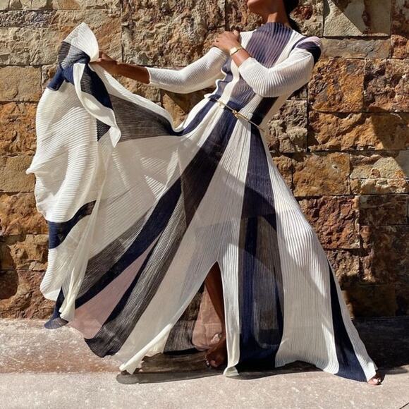 St John Womens Size S Silk Pleated Stripe Long Sleeve Semi Sheer Dress - Picture 2 of 10